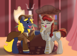 Size: 2949x2160 | Tagged: safe, artist:cadetredshirt, oc, oc:equity, oc:philo reed, earth pony, pony, unicorn, armor, armored pony, clothes, commission, detective, digital art, eyes closed, horn, jacket, laughing, male, stallion, stallion oc, tail, two toned mane, two toned tail