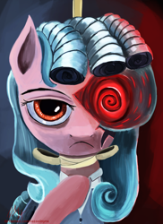 Size: 1680x2308 | Tagged: safe, artist:tazool, cozy glow, pegasus, pony, g4, alternate hairstyle, bust, corrupted, female, junji ito, looking at you, mare, older, portrait, solo, uzumaki