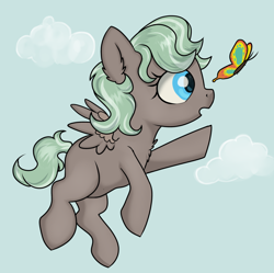 Size: 2832x2816 | Tagged: safe, artist:dumbwoofer, oc, oc only, oc:forest air, butterfly, pegasus, pony, 2021, chest fluff, cloud, ear fluff, female, filly, flying, foal, open mouth, reaching, sky, solo