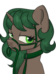 Size: 3001x4000 | Tagged: safe, artist:dumbwoofer, oc, oc:pine shine, pony, unicorn, bedroom eyes, bridle, bust, collar, ear fluff, female, horn, leash, looking at you, mare, mouth hold, simple background, solo, tack, transparent background