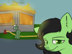 Size: 4000x3001 | Tagged: safe, artist:dumbwoofer, oc, oc only, oc:filly anon, earth pony, pony, 2021, building, disaster girl, duo, ear fluff, female, filly, fire, fire hydrant, firefighter, foal, grass, looking at you, meme, road, smiling, smoke, smug