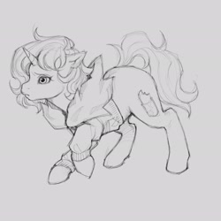 Size: 2048x2048 | Tagged: safe, artist:chochuki, oc, oc only, pony, unicorn, g1, black and white, clothes, female, g1 oc, gray background, grayscale, horn, jacket, mare, monochrome, simple background, sketch, solo
