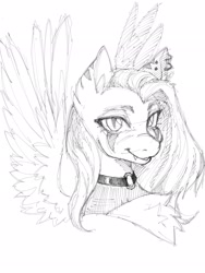 Size: 1536x2048 | Tagged: safe, artist:chochuki, pegasus, pony, bust, chest fluff, choker, ear piercing, earring, facial markings, fang (goodbye volcano high), fangs, goodbye volcano high, jewelry, nonbinary, piercing, ponified, slit pupils, solo
