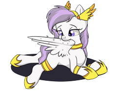 Size: 4000x3001 | Tagged: safe, artist:dumbwoofer, oc, oc only, oc:athena (shawn keller), pegasus, pony, guardians of pondonia, 2021, female, grooming, jewelry, lying down, mare, preening, prone, simple background, solo, sploot, tiara, transparent background, wings