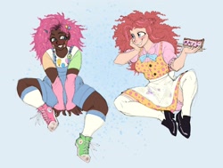 Size: 2348x1778 | Tagged: safe, artist:chochuki, pinkie pie, human, g4, arm warmers, bloomers, blushing, bowtie, cake, clothes, cutie mark on clothes, dark skin, dress, duo, female, food, frizzy hair, hairclip, humanized, kneesocks, mismatched shoes, overalls, self paradox, shoes, sitting, skirt, sneakers, socks, sticker, thigh socks, upskirt