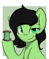 Size: 3001x3584 | Tagged: safe, artist:dumbwoofer, oc, oc:filly anon, earth pony, pony, 2021, bust, chest fluff, ear fluff, female, filly, foal, holding, looking at you, simple background, smiling, smiling at you, smirk, solo, spool, thread, transparent background