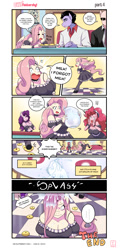 Size: 1080x2250 | Tagged: safe, artist:traupa, fluttershy, pinkie pie, sugar belle, pegasus, anthro, unguligrade anthro, comic:ow! fluttershy!, g4, breasts, busty fluttershy, clothes, eyes closed, falling, female, fluttermaid, job, maid, maid cafe, male, milk, offscreen character, pinkie maid, slippers, speech bubble, waitress
