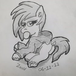 Size: 3024x3024 | Tagged: safe, artist:zeccy, earth pony, pony, bubblegum, clothes, food, gum, hoodie, lidded eyes, monochrome, solo