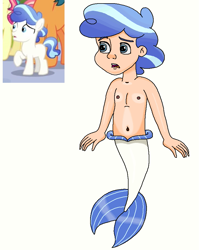 Size: 737x927 | Tagged: safe, artist:ocean lover, frosty quartz, crystal pony, human, merboy, merman, bare shoulders, belly, belly button, chest, child, cute, fins, fish tail, frown, gradient hair, human coloration, humanized, looking at something, male, mermaid tail, mermay, ms paint, open mouth, reference, reference sheet, simple background, species swap, tail, tail fin, transparent background, white background, worried