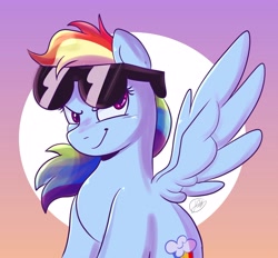 Size: 3000x2783 | Tagged: safe, alternate version, artist:flutterpawss, rainbow dash, pegasus, pony, g4, bust, female, gradient background, high res, looking at you, mare, smiling, smiling at you, smirk, solo, spread wings, sunglasses, sunglasses on head, wings