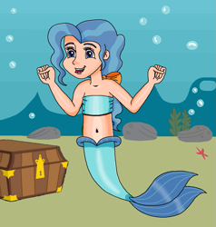 Size: 889x932 | Tagged: safe, artist:ocean lover, petunia paleo, human, mermaid, starfish, g4, bandeau, bare shoulders, belly, belly button, blue eyes, blue hair, bow, bubble, child, coral, cute, excited, female, fins, fish tail, hair bow, happy, human coloration, humanized, mermaid tail, mermaidized, mermay, ms paint, open mouth, ponytail, smiling, solo, species swap, tail, tail fin, treasure chest, two toned hair, underwater, water