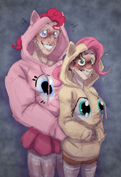 Size: 1028x1500 | Tagged: safe, artist:vanilla drop, fluttershy, pinkie pie, human, blushing, clothes, cosplay, costume, deadpool, duo, emanata, grin, hoodie, marvel, self insert, smiling, sweat, sweatdrops, wade wilson