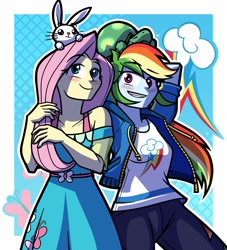 Size: 2000x2200 | Tagged: safe, artist:rahkshichao, angel bunny, fluttershy, rainbow dash, tank, human, rabbit, tortoise, equestria girls, g4, my little pony equestria girls: better together, animal, female, grin, male, outline, passepartout, smiling, white outline