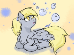 Size: 800x600 | Tagged: safe, artist:aj flame ss6, derpy hooves, pegasus, pony, g4, :o, alternate hairstyle, bubble, doodle, emanata, eyebrows, eyebrows visible through hair, female, looking up, lying down, mare, open mouth, ponyloaf, ponytail, prone, signature, solo, solo female