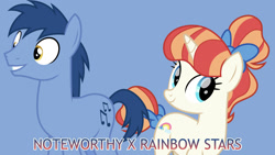 Size: 1920x1080 | Tagged: safe, artist:cheezedoodle96, artist:cloudy glow, edit, editor:jaredking779, blues, noteworthy, rainbow stars, earth pony, pony, unicorn, g4, background pony, blue background, bow, female, hair bow, horn, male, mare, shipping, simple background, stallion, starworthy, straight