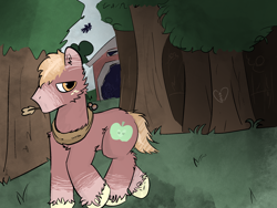 Size: 2160x1620 | Tagged: safe, artist:felixmcfurry, big macintosh, earth pony, desaturated, feral, forest, forest background, male, nature, no mouth, redesign, short tail, solo, solo focus, solo male, sweet apple acres, tail, tree, unshorn fetlocks