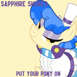 Size: 1000x1000 | Tagged: safe, artist:dashiesparkle, edit, editor:jaredking779, sapphire shores, earth pony, pony, for whom the sweetie belle toils, g4, season 4, album cover, clothes, eyeshadow, female, hat, looking at you, makeup, mare, raised hoof, simple background, smiling, solo, yellow background