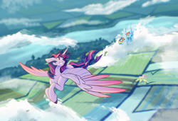 Size: 1575x1080 | Tagged: safe, artist:cerulean-crow, fluttershy, rainbow dash, twilight sparkle, alicorn, pegasus, pony, g4, ears back, female, flying, grin, high angle, mare, open mouth, open smile, river, signature, smiling, solo focus, spread wings, turned head, twilight sparkle (alicorn), water, windswept mane, wings