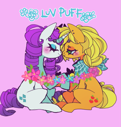 Size: 813x850 | Tagged: safe, artist:cutesykill, applejack, rarity, earth pony, pony, unicorn, g4, bandana, beanbrows, blonde mane, blonde tail, blue sclera, blue text, blushing, colored, colored eyebrows, colored sclera, duo, duo female, ear piercing, earring, eyebrows, eyebrows visible through hair, eyes closed, eyeshadow, female, flower, freckles, green eyes, hatless, holding hooves, horn, jewelry, lesbian, lidded eyes, looking at each other, looking at someone, makeup, mare, missing accessory, neckerchief, no catchlights, piercing, pink background, ponytail, profile, purple mane, purple tail, ringlets, saturated, ship:rarijack, shipping, simple background, sitting, smiling, smiling at each other, tail, tall ears, text, thick eyelashes, tied mane, tied tail, unicorn horn, white coat
