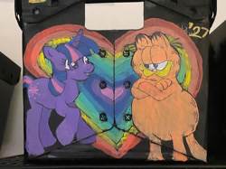 Size: 1170x873 | Tagged: safe, artist:applepums, part of a set, twilight sparkle, cat, pony, unicorn, g4, blushing, bow, colored, crack shipping, crossover, crossover shipping, cursed image, duo, duo male and female, eyelashes, female, flat colors, floating heart, garfield, garfield (character), garfield x twilight sparkle, heart, heart background, horn, irl, looking at each other, looking at someone, male, multicolored mane, multicolored tail, painting, photo, purple coat, purple eyes, raised hoof, shipping, smiling, smiling at each other, standing, straight, straight mane, tail, traditional art, unicorn horn, unicorn twilight, unshorn fetlocks