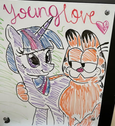 Size: 1170x1291 | Tagged: safe, artist:applepums, part of a set, twilight sparkle, cat, pony, unicorn, g4, arm around back, blushing, bow, clothes, colored, crack shipping, crossover, crossover shipping, cursed image, cursive writing, duo, duo male and female, eyelashes, female, flat colors, garfield, garfield (character), garfield x twilight sparkle, horn, irl, looking at each other, looking at someone, male, marker drawing, multicolored mane, narrowed eyes, photo, purple coat, purple eyes, shipping, smiling, smiling at each other, standing, straight, straight mane, traditional art, unicorn horn, unicorn twilight, unshorn fetlocks