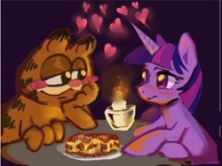 Size: 376x283 | Tagged: safe, artist:applepums, part of a set, twilight sparkle, cat, pony, unicorn, g4, arm around back, blushing, candle, candlelight dinner, colored, crack shipping, crossover, crossover shipping, cursed image, duo, duo male and female, eyelashes, female, floating heart, food, garfield, garfield (character), garfield x twilight sparkle, heart, horn, lasagna, looking at each other, looking at someone, male, multicolored mane, narrowed eyes, pasta, purple coat, purple eyes, shiny eyes, shipping, sitting, smiling, smiling at each other, straight, straight mane, table, unicorn horn, unicorn twilight, unshorn fetlocks