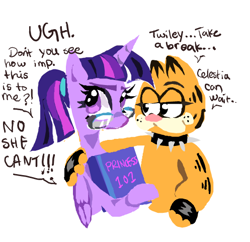 Size: 497x481 | Tagged: safe, artist:applepums, part of a set, twilight sparkle, alicorn, cat, pony, g4, arm around back, blushing, candle, choker, clothes, colored, crack shipping, crossover, crossover shipping, dialogue, duo, duo male and female, eyelashes, female, fingerless gloves, flat colors, folded wings, garfield, garfield (character), garfield x twilight sparkle, glasses, gloves, holding book, horn, looking at each other, looking at someone, looking back, male, multicolored mane, narrowed eyes, ponytail, purple coat, purple eyes, shiny eyes, shipping, simple background, smiling, smiling at each other, speech bubble, spiked choker, straight, straight mane, talking, text, tied mane, twilight sparkle (alicorn), unicorn horn, unshorn fetlocks, white background, wings