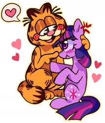 Size: 1593x1857 | Tagged: safe, artist:applepums, part of a set, twilight sparkle, cat, pony, unicorn, g4, blushing, boop, crack shipping, cross-popping veins, crossover, crossover shipping, duo, duo male and female, emanata, female, floating heart, garfield, garfield x twilight sparkle, heart, holding, holding a pony, horn, looking at each other, looking at someone, male, mare, multicolored mane, multicolored tail, pouting, purple coat, purple eyes, raised hooves, shiny eyes, shipping, simple background, sitting, smiling at someone, speech bubble, spoken heart, straight, straight mane, straight tail, tail, unicorn twilight, white background