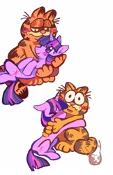 Size: 1956x3012 | Tagged: safe, artist:applepums, part of a set, twilight sparkle, cat, pony, unicorn, g4, ><, blushing, colored, crack shipping, crossover, crossover shipping, cuddling, duo, duo male and female, eyelashes, eyes closed, female, flat colors, garfield x twilight sparkle, holding a pony, horn, hug, looking at each other, looking at someone, male, mare, multicolored mane, multicolored tail, purple coat, purple eyes, shiny eyes, shipping, simple background, smiling, smiling at each other, straight, straight mane, straight tail, tail, tail wag, unicorn horn, unicorn twilight, white background