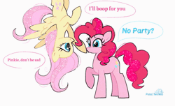 Size: 650x394 | Tagged: safe, alternate version, artist:petaltwinkle, fluttershy, pinkie pie, earth pony, pegasus, pony, g4, animated, big eyes, blue eyes, boop, curly mane, curly tail, cute, dialogue, diapinkes, duo, duo female, eyelashes, eyestrain warning, female, frown, gif, glitter, hanging, hanging upside down, long mane, long tail, nose wrinkle, noseboop, pink coat, pink mane, pink tail, pouting, raised hoof, shyabetes, signature, simple background, sparkles, speech bubble, spread wings, standing, tail, talking, teal eyes, teary eyes, text, upside down, wavy mane, wavy tail, white background, wingding eyes, wings, yellow coat