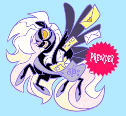 Size: 1549x1432 | Tagged: safe, artist:janegumball, derpy hooves, pegasus, pony, eternal night au (janegumball), g4, bag, blue background, colored eyelashes, colored pupils, colored sclera, colored teeth, colored wings, colored wingtips, derp, enamel pin, ethereal mane, ethereal tail, evil grin, eyelashes, fangs, female, flying, for sale, grin, helmet, hoof shoes, jewelry, large wings, letter, long mane, long tail, mailbag, mailmare, mare, multicolored mane, multicolored tail, narrowed eyes, nightmare derpy, nightmare takeover timeline, nightmarified, no catchlights, orange eyes, pin design, preorder, princess shoes, purple eyelashes, raised hooves, regalia, sharp teeth, simple background, smiling, solo, spiky mane, spread wings, tail, teeth, text, two toned wings, wavy tail, white text, wings, yellow sclera, yellow teeth
