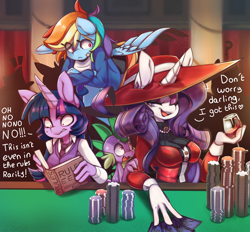 Size: 1992x1850 | Tagged: safe, artist:honowyn, rainbow dash, rarity, spike, twilight sparkle, dragon, pegasus, unicorn, anthro, g4, alcohol, book, breasts, casino, dialogue, female, glass, heart, heart eyes, horn, male, playing card, poker, poker chips, ship:sparity, shipping, straight, unicorn twilight, wine, wine glass, wingding eyes