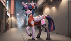 Size: 2672x1536 | Tagged: safe, ai assisted, ai content, generator:pony diffusion v6 xl, generator:stable diffusion, prompter:oranzinispegasiukas, twilight sparkle, alicorn, pony, g4, alternate hairstyle, blushing, cigarette, clothes, dress, female, flower, flower in hair, mare, socks, stockings, tail, tail wrap, thigh highs, twilight sparkle (alicorn)