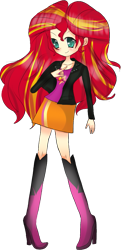Size: 563x1167 | Tagged: safe, sunset shimmer, human, 2000s anime art, anime, boots, clothes, female, humanized, jacket, shirt, shoes, skirt, solo