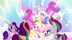 Size: 1280x720 | Tagged: safe, screencap, pipp petals, sunny starscout, zipp storm, alicorn, earth pony, pegasus, pony, g5, my little pony: tell your tale, where the rainbows are made, spoiler:g5, spoiler:my little pony: tell your tale, spoiler:tyts02e12, female, machine, mane stripe sunny, mare, race swap, rainbow, sunnycorn