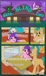 Size: 1940x3212 | Tagged: safe, artist:rubiont, hitch trailblazer, pipp petals, changeling, pegasus, pony, comic:blind date cafe, g5, art pack, cafe, comic, date, disguise, disguised changeling, female, green changeling, heart, implied pitch, implied shipping, implied straight, love, male, mare, shapeshifting, stallion