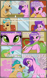 Size: 1940x3212 | Tagged: safe, artist:rubiont, hitch trailblazer, pipp petals, changeling, pegasus, pony, comic:blind date cafe, g5, art pack, cafe, changeling magic, comic, date, disguise, disguised changeling, female, heart, hypnosis, implied pitch, implied shipping, implied straight, love, magic, male, mare, seductive look, shapeshifting, stallion