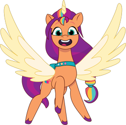 Size: 1359x1346 | Tagged: safe, artist:prixy05, sunny starscout, alicorn, earth pony, pony, g5, my little pony: tell your tale, female, mane stripe sunny, mare, open mouth, race swap, satchel, simple background, solo, spread wings, sunnycorn, transparent background, vector, wings