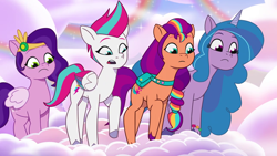 Size: 1280x720 | Tagged: safe, screencap, izzy moonbow, pipp petals, sunny starscout, zipp storm, earth pony, pegasus, pony, unicorn, g5, my little pony: tell your tale, where the rainbows are made, spoiler:g5, spoiler:my little pony: tell your tale, spoiler:tyts02e12, cloud, concave belly, diadem, diverse body types, female, fit, group, horn, izzy is tol, jewelry, long mane, mare, outdoors, physique difference, pipp is short, quartet, raised hoof, regalia, royal sisters (g5), siblings, sisters, slender, sunny is tall, sunny's bag, thin, zipp is tall