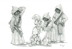 Size: 1600x1096 | Tagged: safe, artist:baron engel, sweetie belle, jawa, pony, robot, robot pony, unicorn, g4, black and white, crossover, grayscale, horn, monochrome, pencil drawing, star wars, sweetie bot, traditional art
