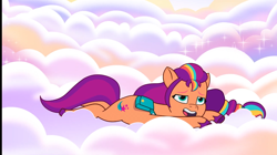 Size: 1286x720 | Tagged: safe, screencap, sunny starscout, earth pony, pony, g5, my little pony: tell your tale, where the rainbows are made, spoiler:g5, spoiler:my little pony: tell your tale, spoiler:tyts02e12, cloud, cute, dizzy, female, mane stripe sunny, mare
