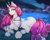 Size: 3400x2700 | Tagged: safe, artist:munrei, princess amore, pony, unicorn, butt, commission, female, golden eyes, high res, horn, lake, lying, mare, night, plot, solo, the ass was fat, water
