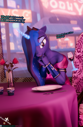 Size: 2365x3576 | Tagged: safe, artist:royalsimp, princess luna, alicorn, anthro, g4, 3d, alcohol, armor, candle, chair, clothes, dinner, dress, evening, female, flower, glass, glowing, looking at you, magic, off shoulder, rain, rose, solo, table, talking to viewer, window, wine, wine glass