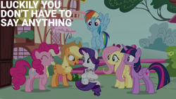 Size: 1920x1080 | Tagged: safe, edit, edited screencap, editor:quoterific, screencap, applejack, fluttershy, pinkie pie, rainbow dash, rarity, twilight sparkle, alicorn, g4, it isn't the mane thing about you, fence, magazine, mane six, ponyville, twilight sparkle (alicorn)