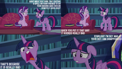 Size: 2000x1125 | Tagged: safe, edit, edited screencap, editor:quoterific, screencap, starlight glimmer, twilight sparkle, alicorn, pony, unicorn, every little thing she does, g4, season 6, angry, book, couch, female, floppy ears, horn, library, mare, twilight sparkle (alicorn), twilight's castle, twilight's castle library, yelling