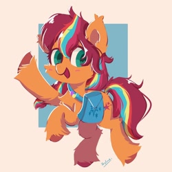 Size: 926x926 | Tagged: safe, artist:skylinepony_, sunny starscout, earth pony, pony, g5, bag, cute, female, fluffy, mane stripe sunny, open mouth, positive ponies, raised hoof, saddle bag, simple background, smiling, solo, twilight sparkle's cutie mark