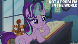 Size: 2000x1125 | Tagged: safe, edit, edited screencap, editor:quoterific, screencap, starlight glimmer, pony, unicorn, every little thing she does, g4, season 6, book, horn, sextant, solo, starlight's room, twilight's castle