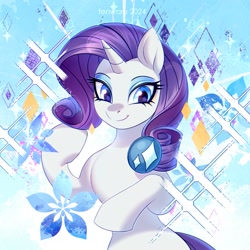 Size: 1850x1850 | Tagged: safe, artist:fenwaru, rarity, pony, unicorn, g4, abstract background, bipedal, crystal, cute, female, gem, horn, looking at you, mare, shiny, smiling, smiling at you, snow, snowflake, solo