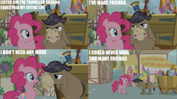 Size: 2000x1125 | Tagged: safe, edit, edited screencap, editor:quoterific, screencap, cherry berry, cranky doodle donkey, lemon hearts, pinkie pie, a friend in deed, g4, cart, fan, guitar, mirror, musical instrument, ponyville, spyglass