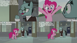 Size: 2000x1125 | Tagged: safe, edit, edited screencap, editor:quoterific, screencap, pinkie pie, sans smirk, earth pony, pony, g4, the last laugh, bipedal, caption, duo, duo male and female, factory, female, glasses, male, mare, stallion, text